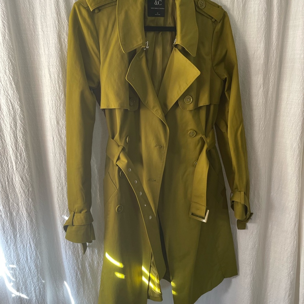New York & Company Olive Green Double-Breasted Trench Coat